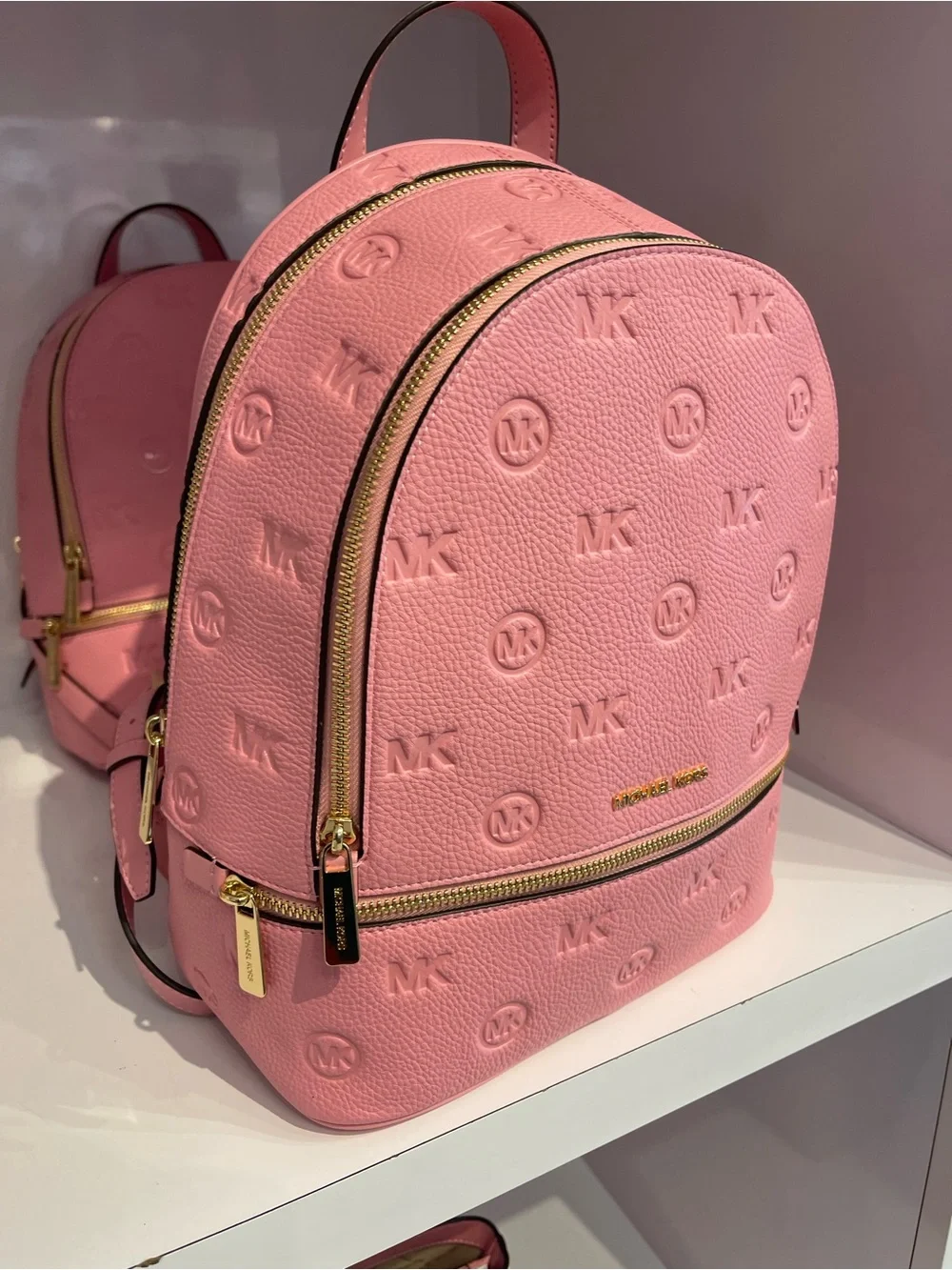Michael Kors Rhea Medium Zip MK Logo Debossed Backpack Carnation NWT